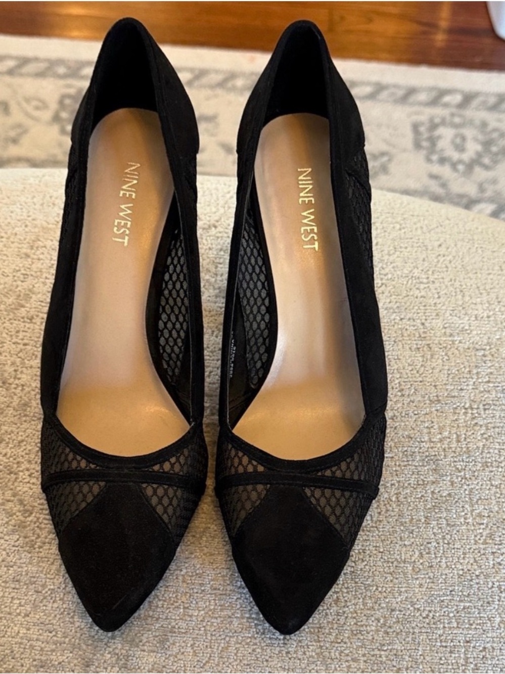 Nine West Black Mesh Suede Pointed Toe Stiletto Pumps Heels 9.5